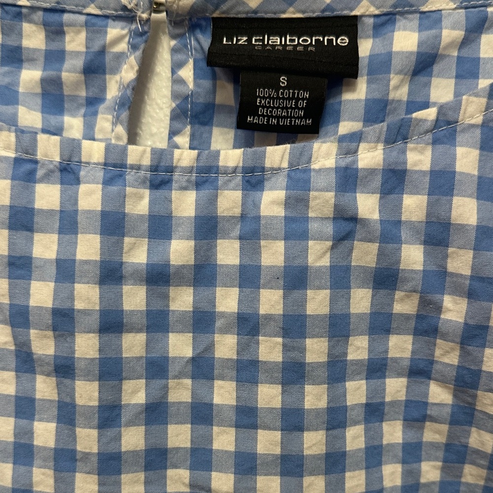 Liz Claiborne Blue Gingham Blouse with White Lace - Picture 2 of 5